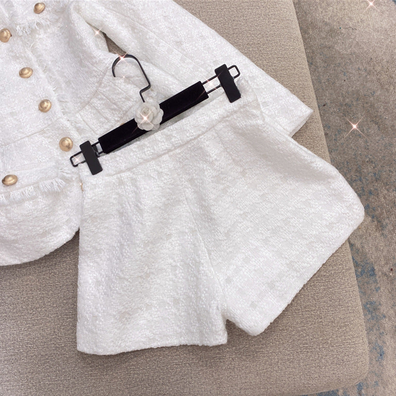 METAL BUTTON WOOL SHORTS SET - WHITE OFFICE WEAR