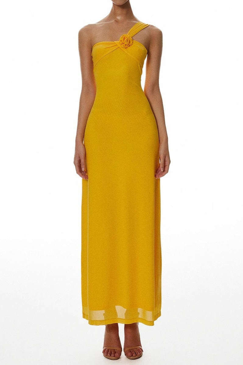 ONE-SHOULDER YELLOW FLOWER A-LINE MAXI DRESS