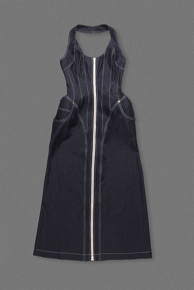 NAVY BLUE HALTER CORSET MIDI DRESS FOR WEDDING