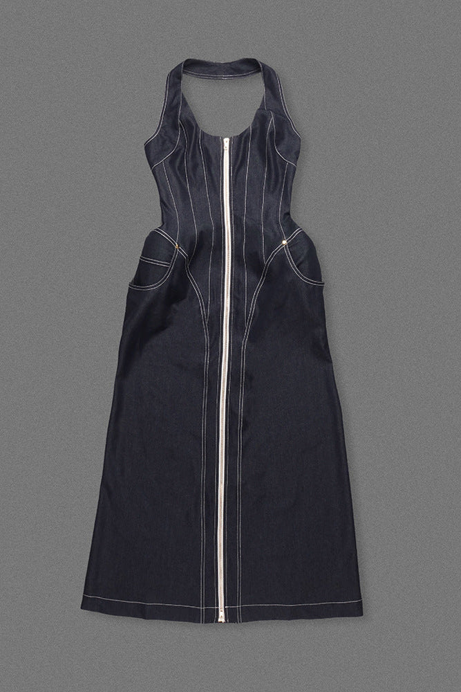 NAVY BLUE HALTER CORSET MIDI DRESS FOR WEDDING