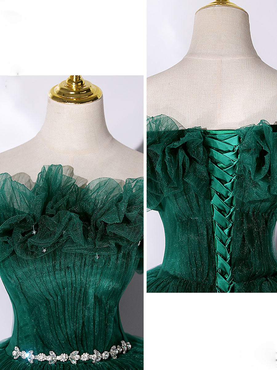 GREEN TULLE OFF-SHOULDER PROM GOWN