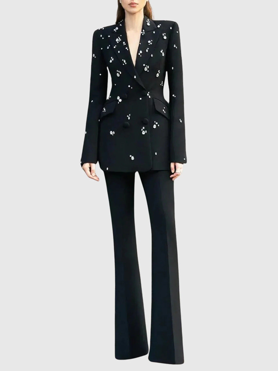 MYRA STRAIGHT FLARED VELVET PANTS SET WITH RHINESTONE BLAZER
