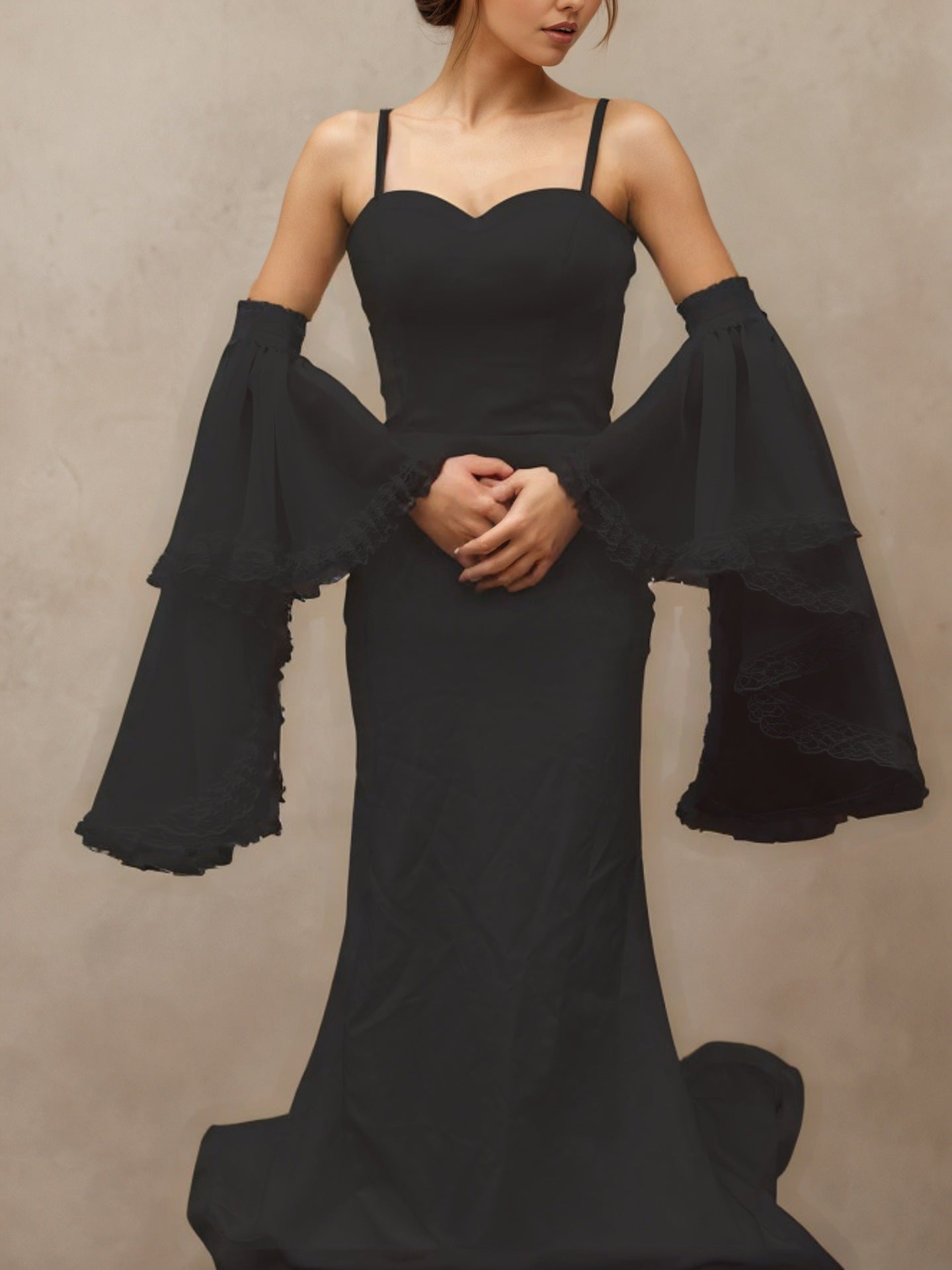 DOUBLE LAYER LACE BELL SLEEVES DETACHABLE CHIFFON TOP