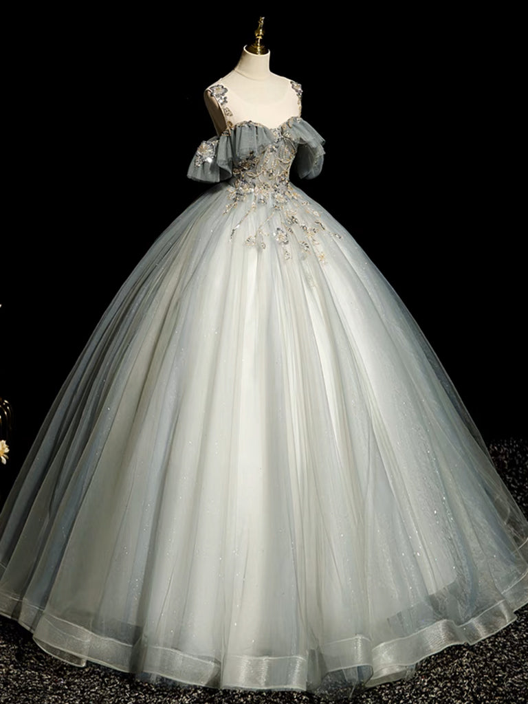 A-LINE TULLE GRAY BLUE PROM DRESS