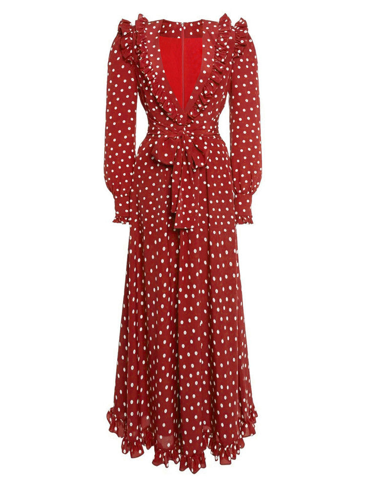 RED POLKA DOT LONG SLEEVE MIDI DRESS