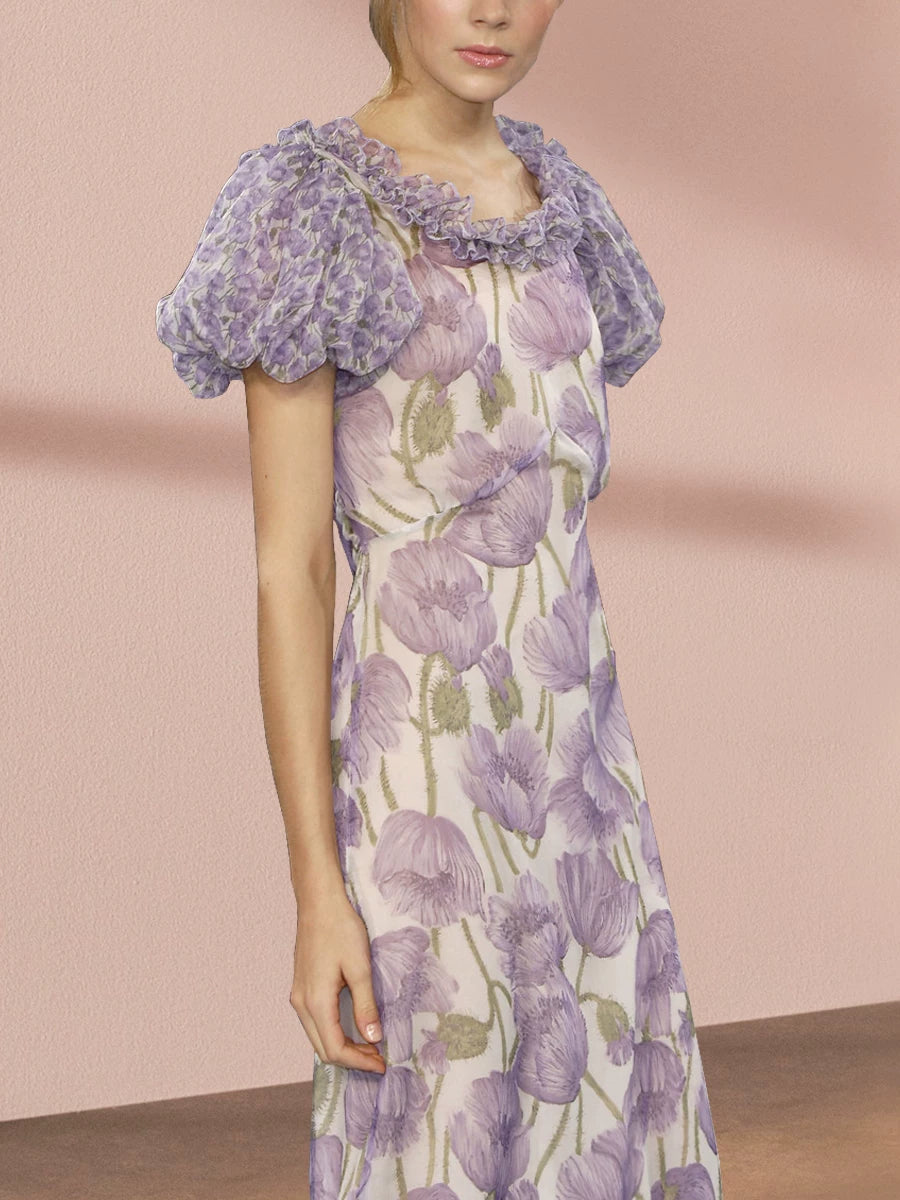 PURPLE FLORAL PUFF SLEEVE MIDI DRESS FOR WEDDING