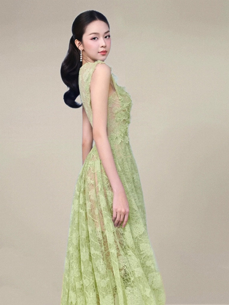 JENNIFER GREEN LACE FLOWER MAXI DRESS