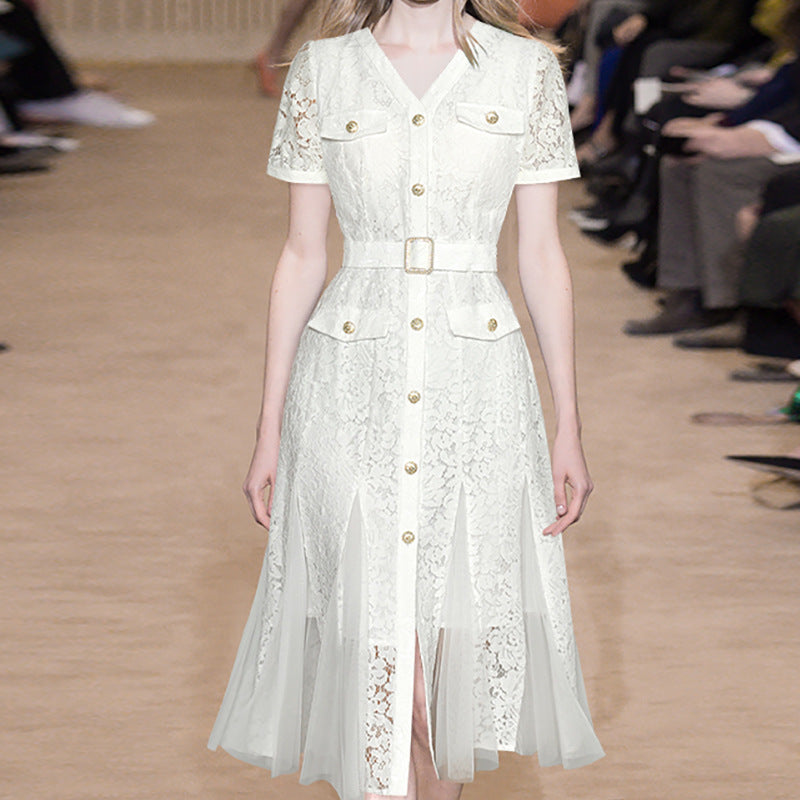 WHITE LACE V-NECK BELTED MIDI TULLE DRESS