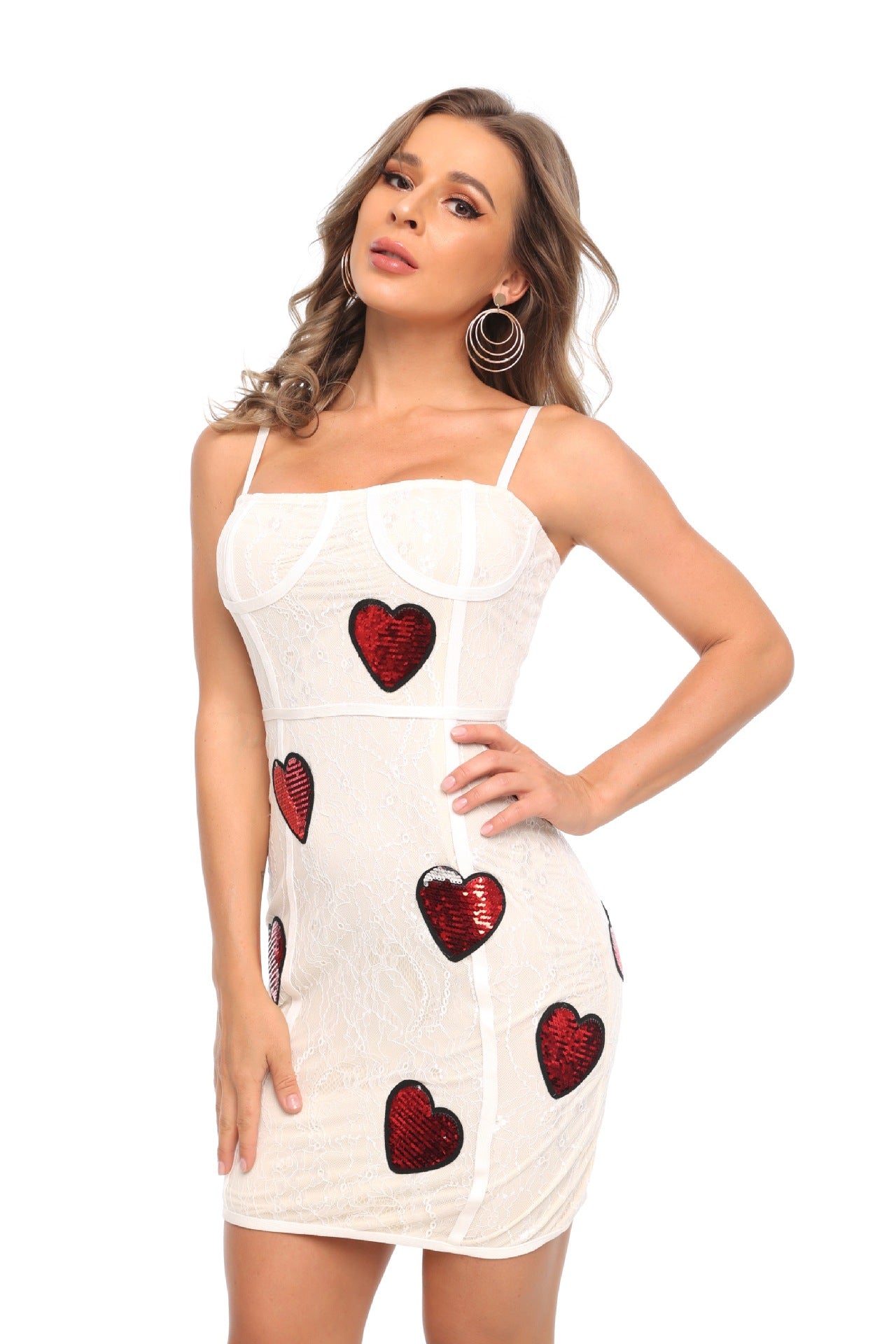 JESSICA SEQUIN HEART LACE MINI DRESS WHITE