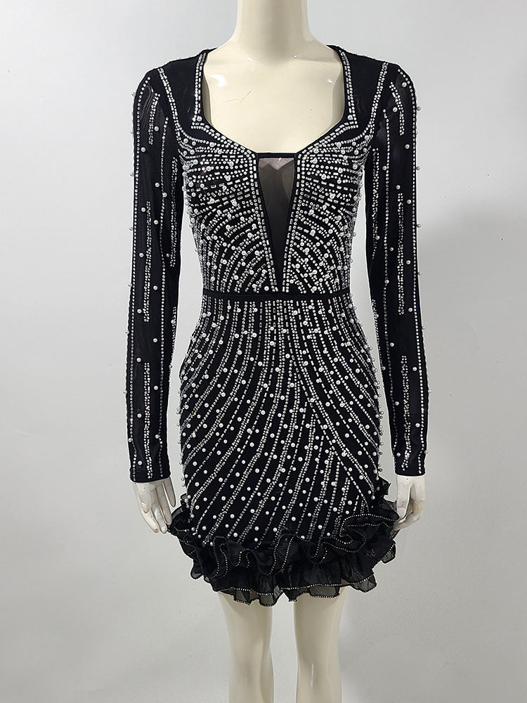JENNY BLACK CRYSTAL FLUTTER MINI DRESS