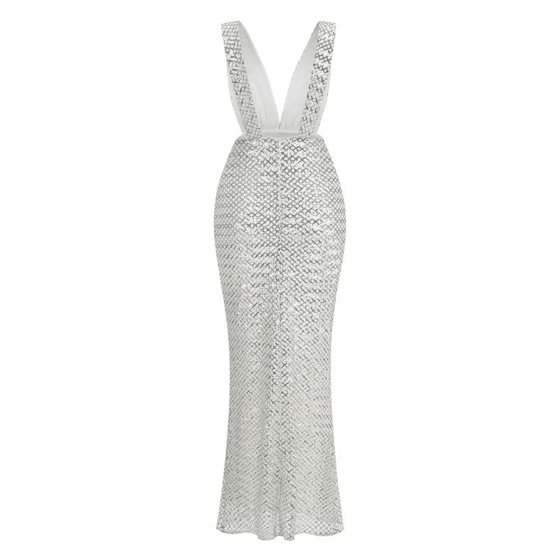 REBECCA SILVER SEQUIN V-NECK MAXI DRESS FOR EVENING