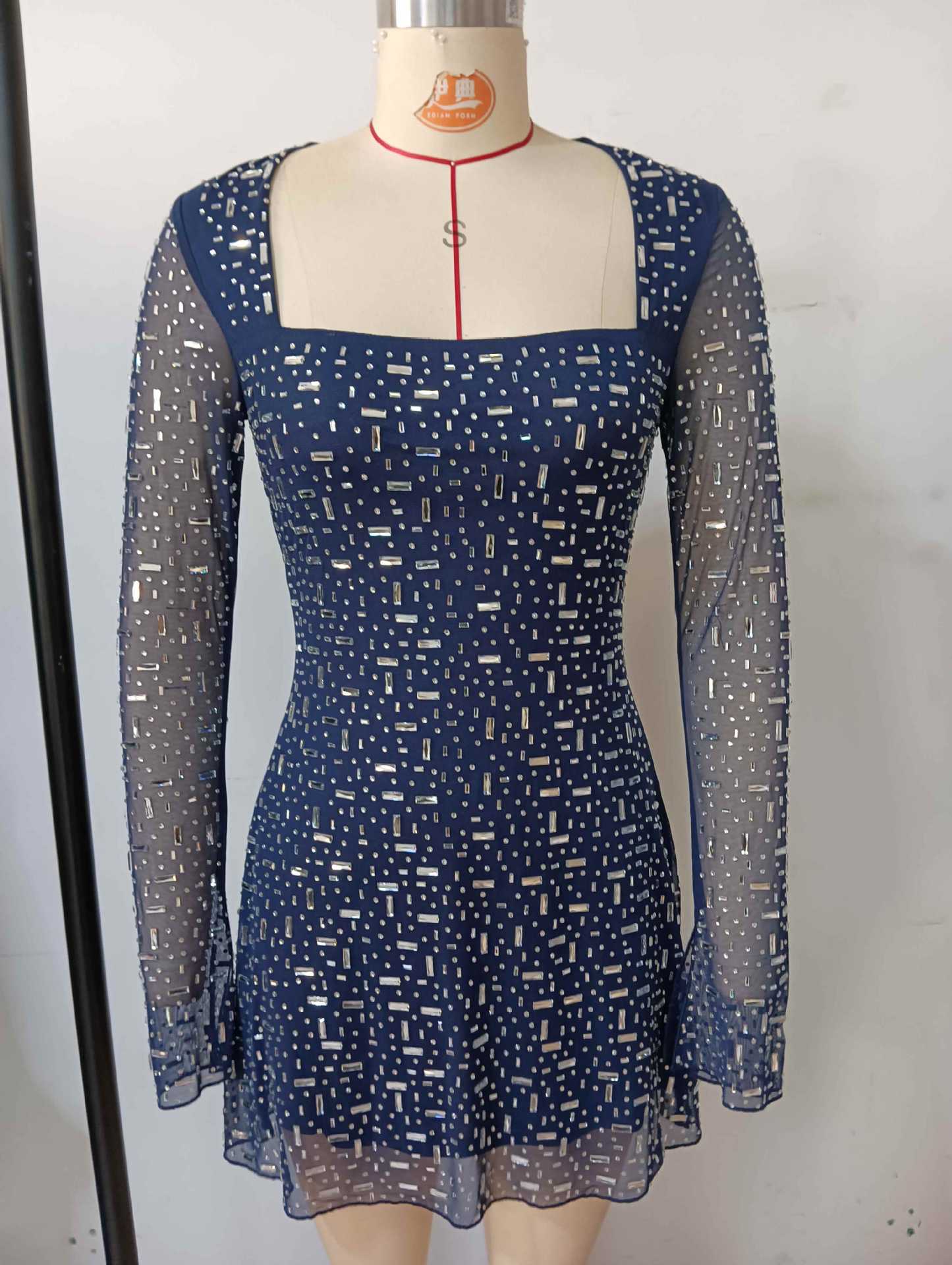 AMANDA NAVY RHINESTONE MESH MINI DRESS