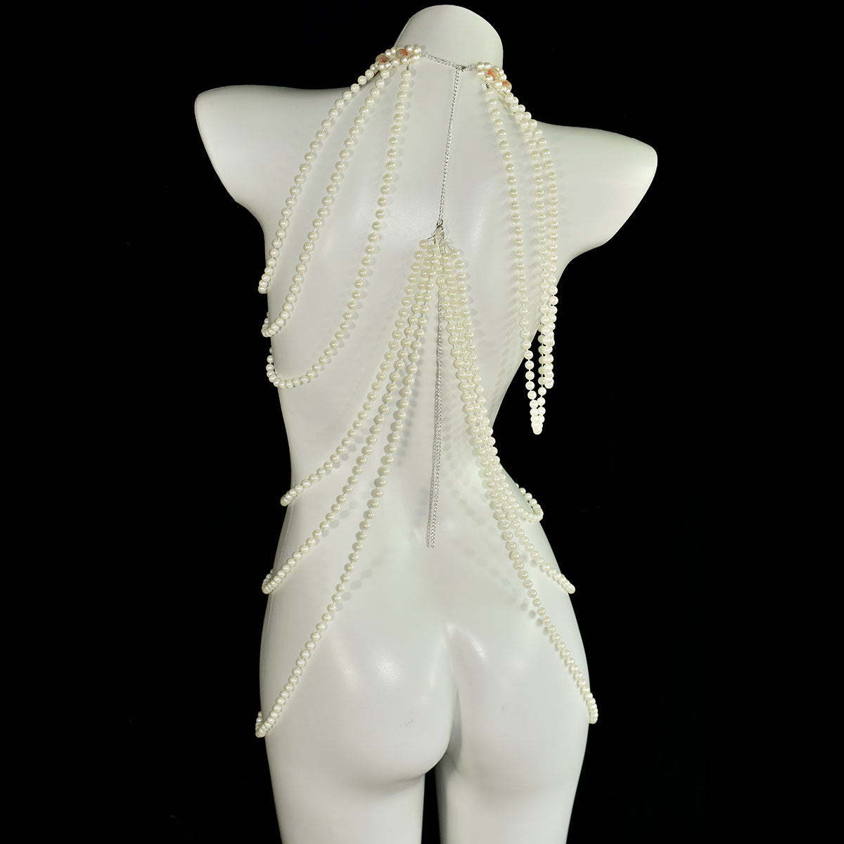 CREAM TULLE PLEATED DEEP V MAXI GOWN PEARL BODY CHAIN