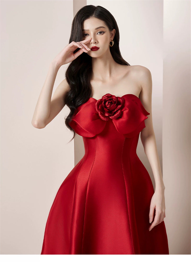MIGNON RED SATIN STRAPLESS MIDI DRESS WITH 3D FLOWERS