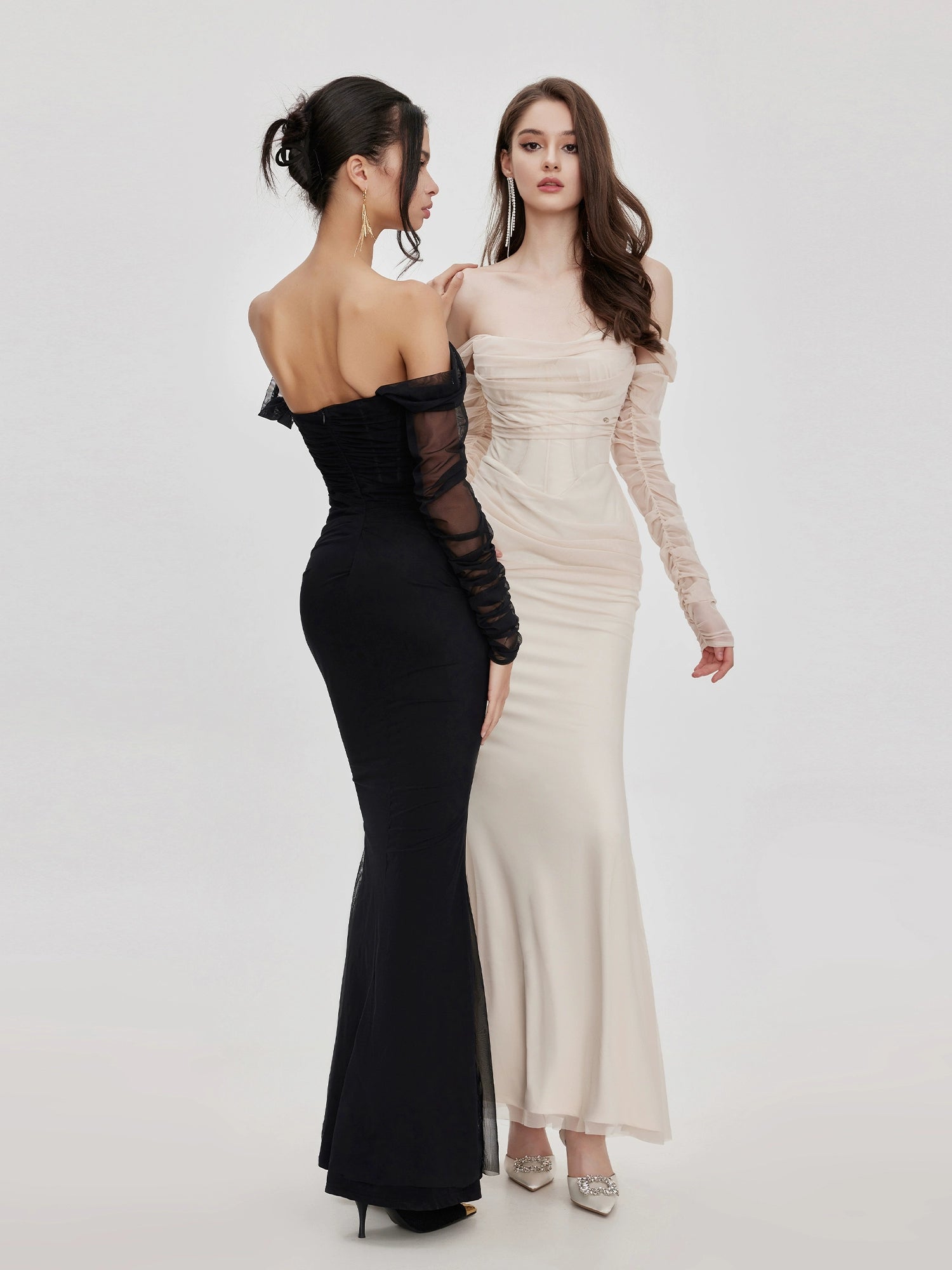 ARIEL APRICOT MESH OFF-SHOULDER MERMAID MAXI DRESS