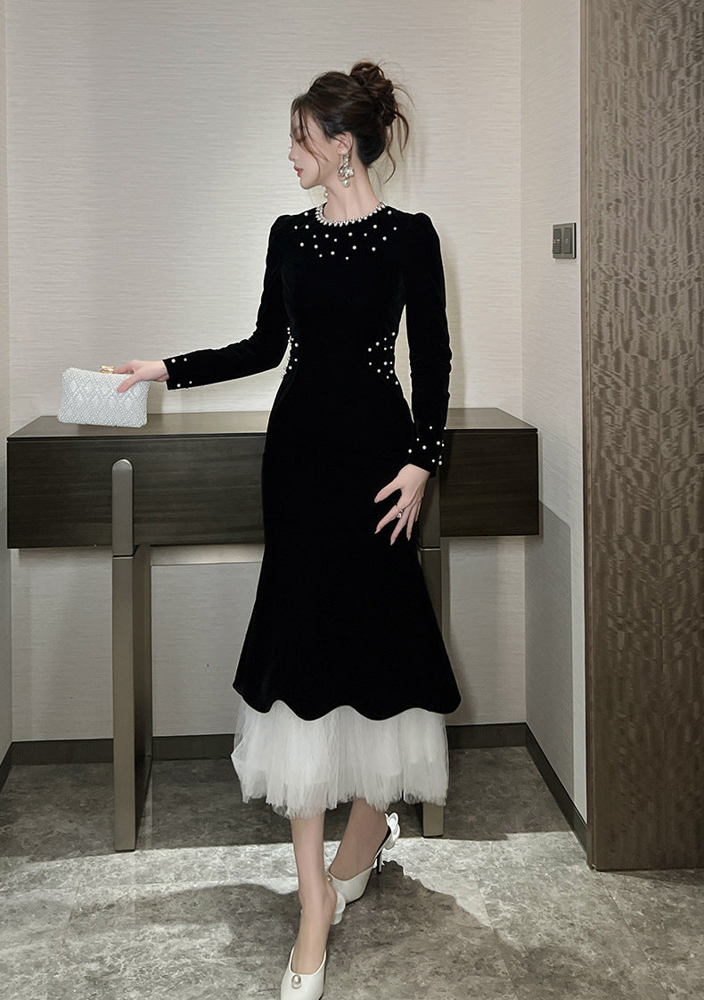 ZONA BLACK BEADED VELVET FISHTAIL MAXI DRESS