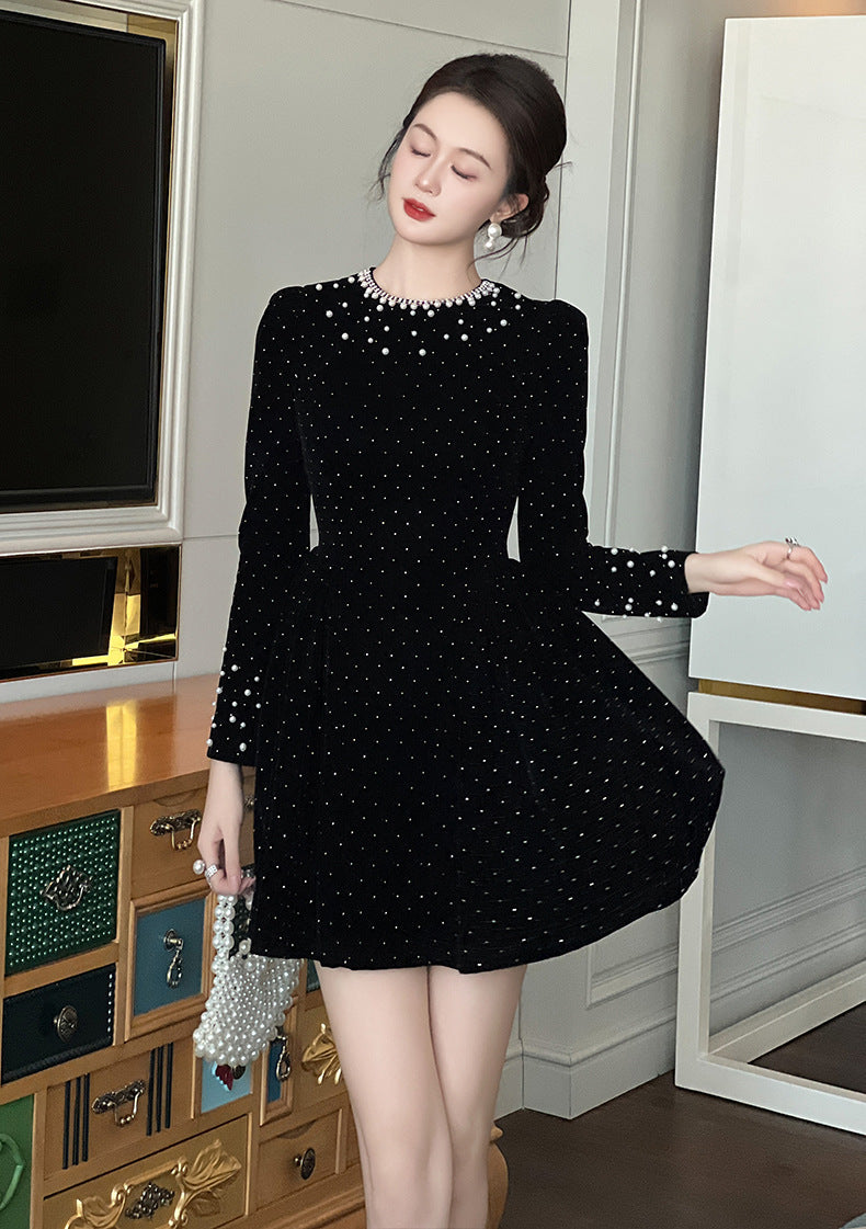 SHEILA BLACK BEADED RHINESTONE FLARED MINI COCKTAIL DRESS