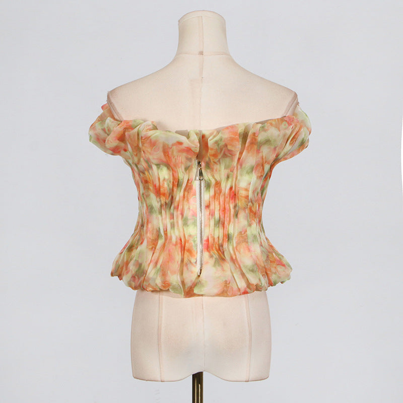 PRINT RUFFLE TRIM YELLOW TOP FOR CASUAL DAYS