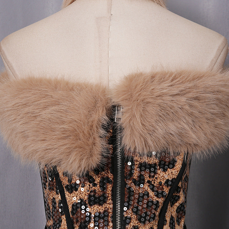 SEXY LEOPARD FUR SEQUIN SKIRT SET FOR PARTY