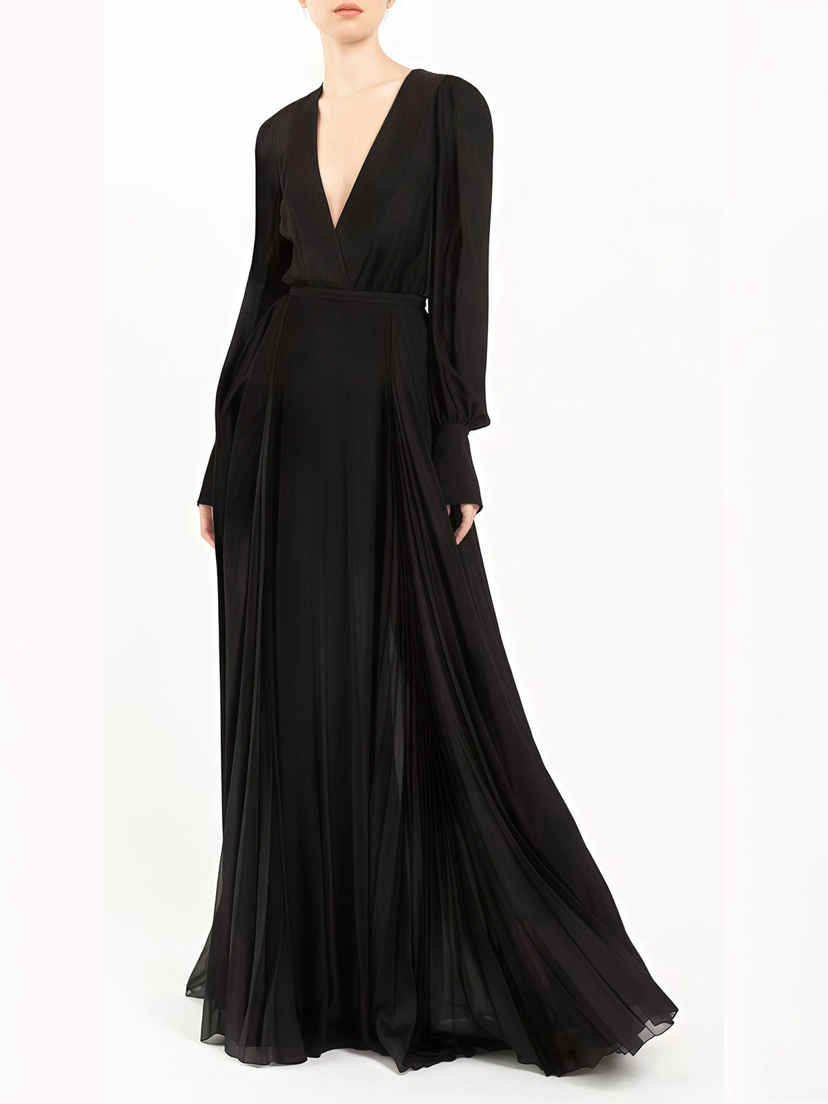 BLACK V-NECK MAXI DRESS, LONG SLEEVES, WEDDING GUEST