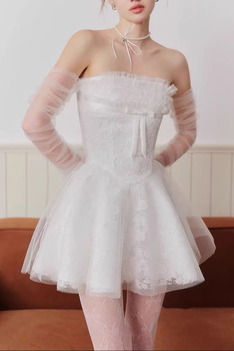 WHITE LACE A-LINE STRAPLESS MINI DRESS