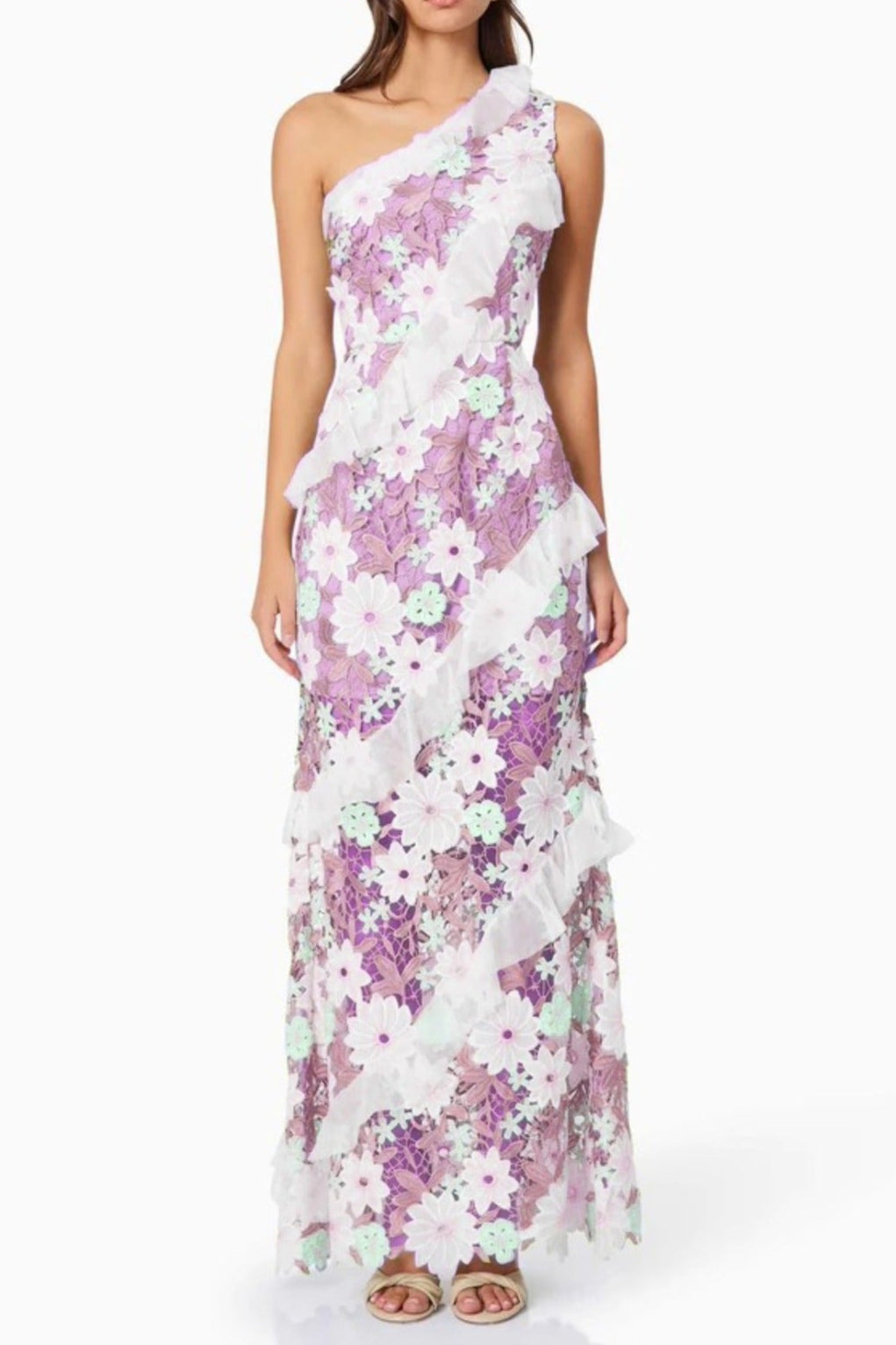 PURPLE FLORAL ONE SHOULDER LACE MAXI DRESS