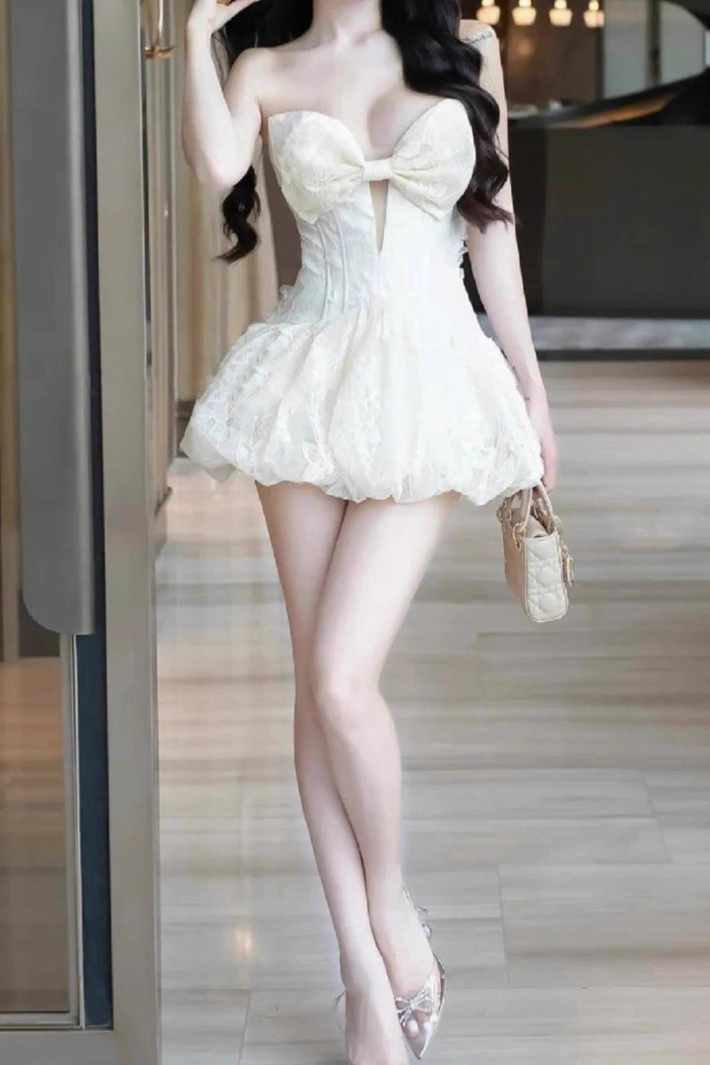 EMMA BOWKNOT TUBE TOP MINI DRESS, BEIGE