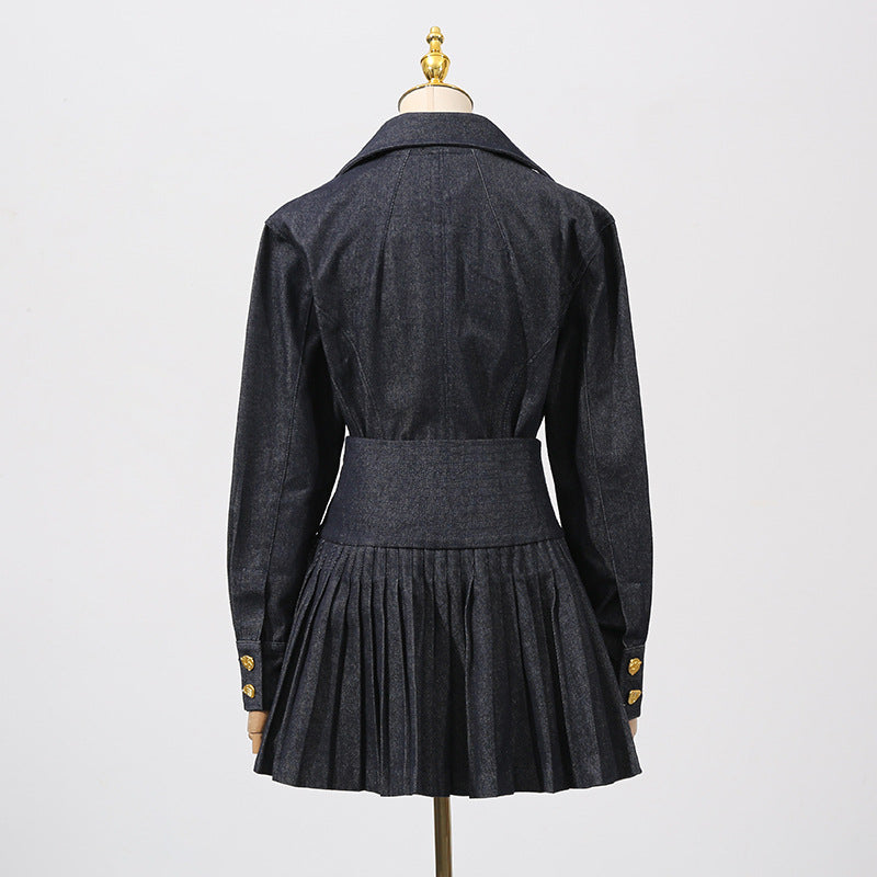 FLORENCE SINGLE-BREASTED TOP & PLEATED SKIRT NAVY BLUE