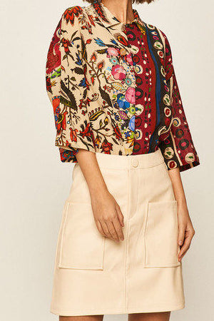 MULTICOLOR FOLK FLORAL PRINT THREE-QUARTER SLEEVE BUTTON-DOWN SHIRT