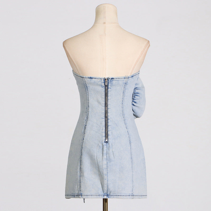ALISON BLUE RUFFLED STRAPLESS DENIM MINI DRESS