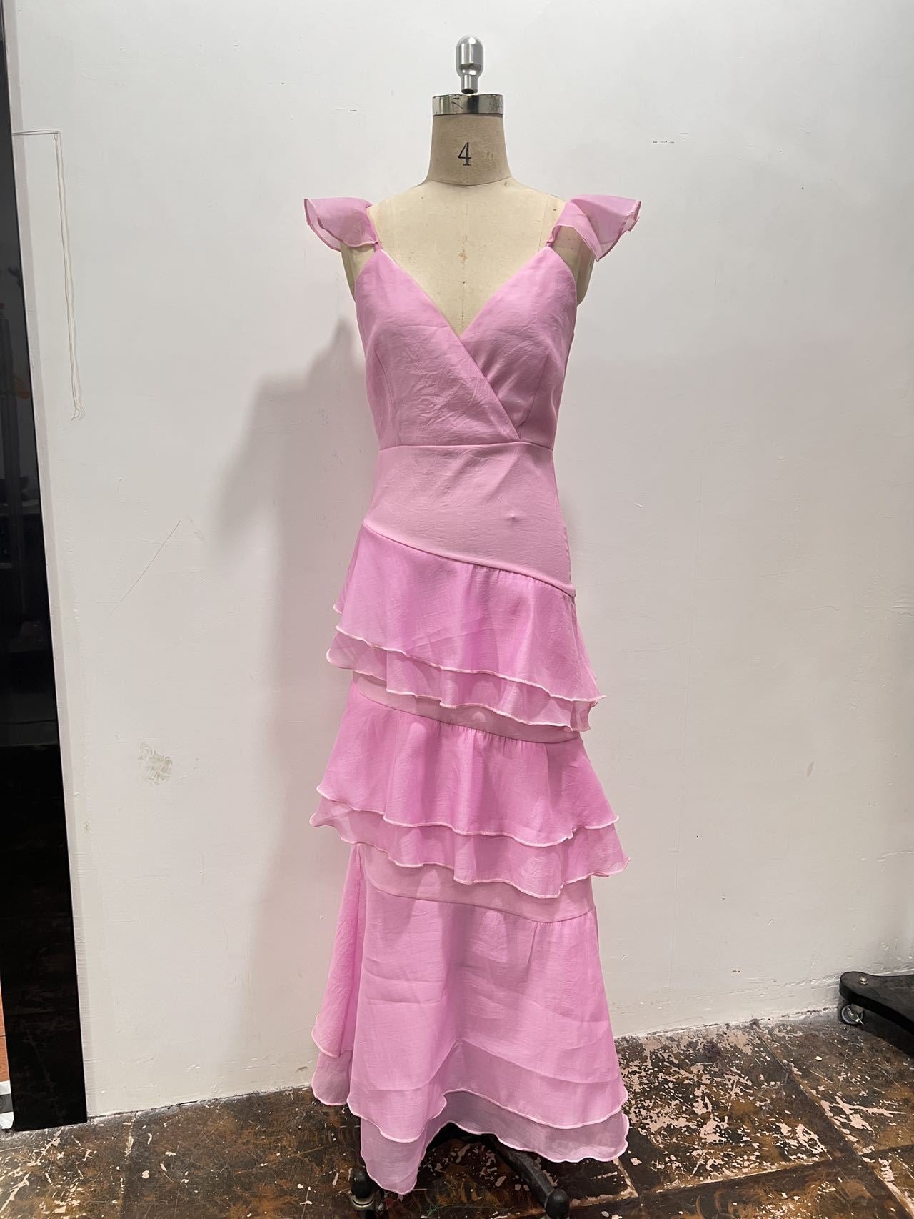 LUCY PINK CHIFFON RUFFLE MIDI DRESS FOR WEDDING GUEST
