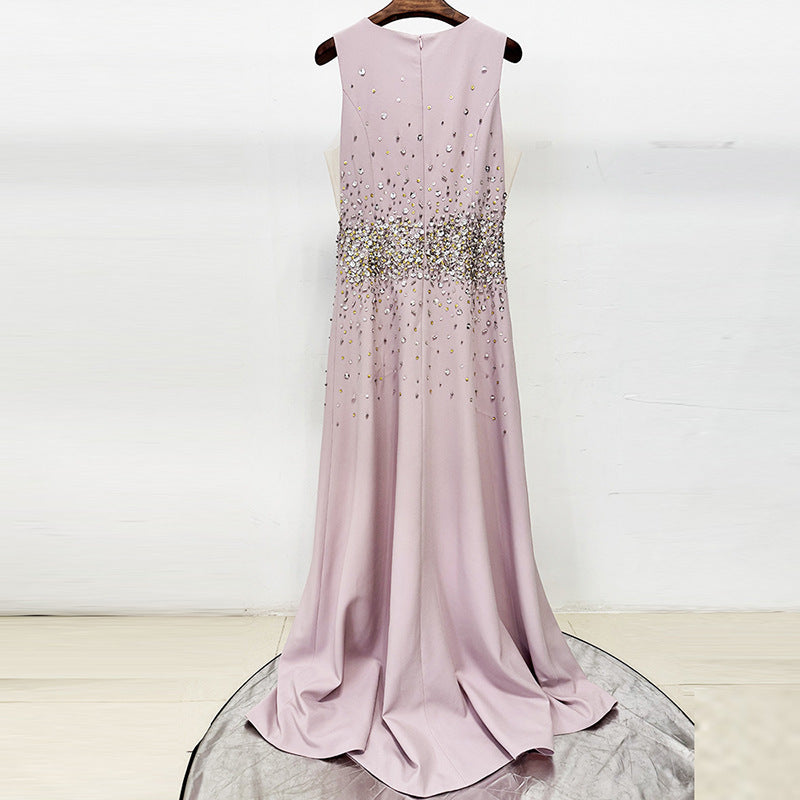 PINK BEADED RHINESTONE SLEEVELESS MAXI DRESS