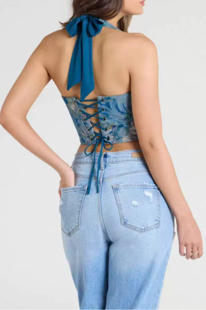JACQUARD HALTER CORSET TOP FOR EVENING