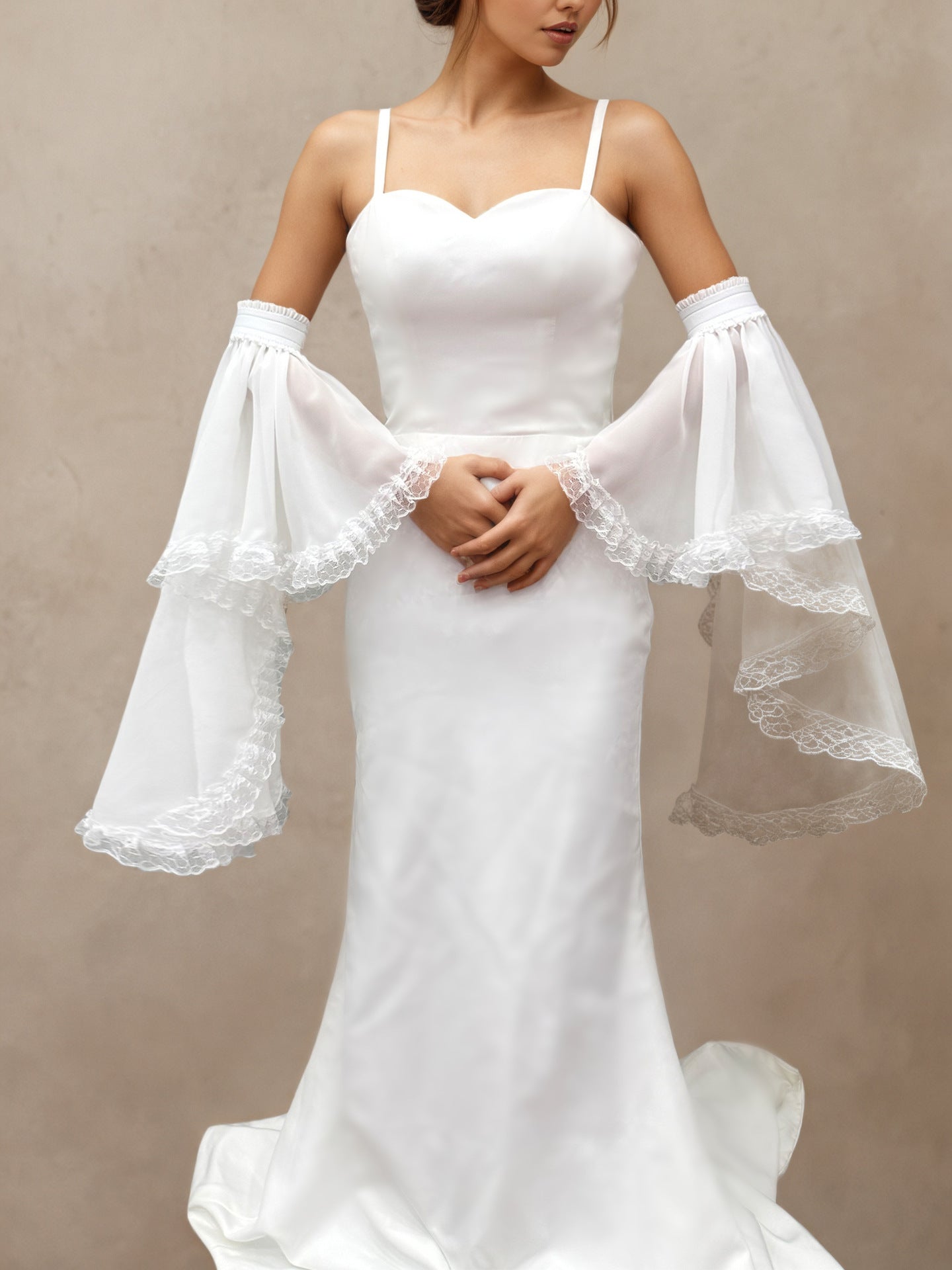 DOUBLE LAYER LACE BELL SLEEVES DETACHABLE CHIFFON TOP