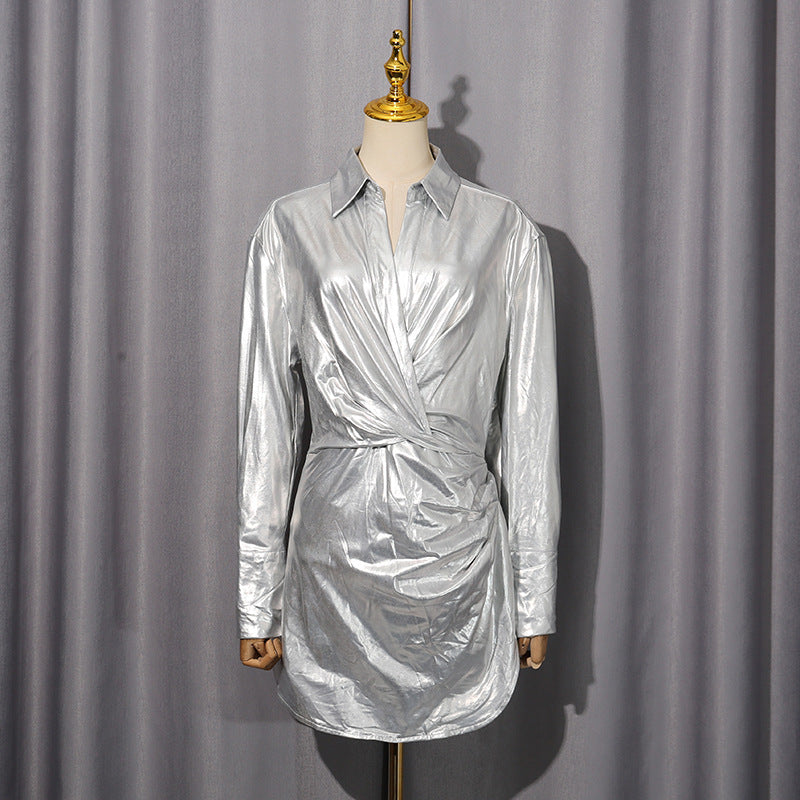METALLIC PLEATED SHIRT MINI DRESS SILVER