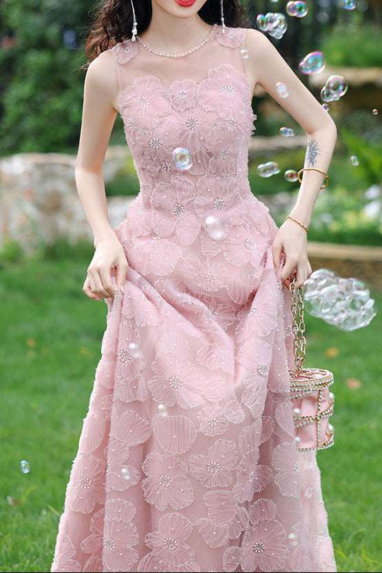 PINK 3D FLORAL BEADED MAXI DRESS