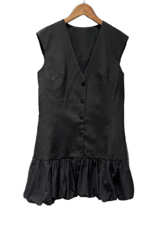 BUTTON FRONT BUBBLE HEM MINI DRESS, BLACK
