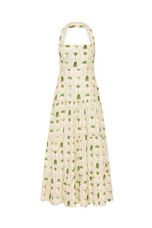HALTER BACKLESS FLORAL MAXI DRESS GREEN