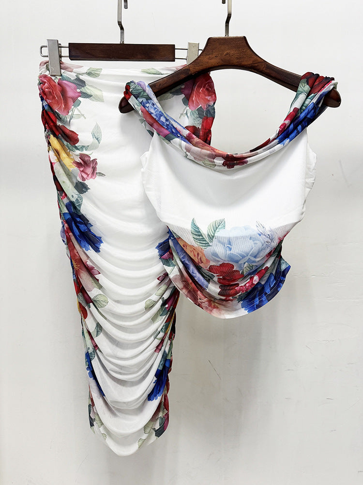 SHIRLEY WHITE OFF-SHOULDER FLORAL RUCHED SET