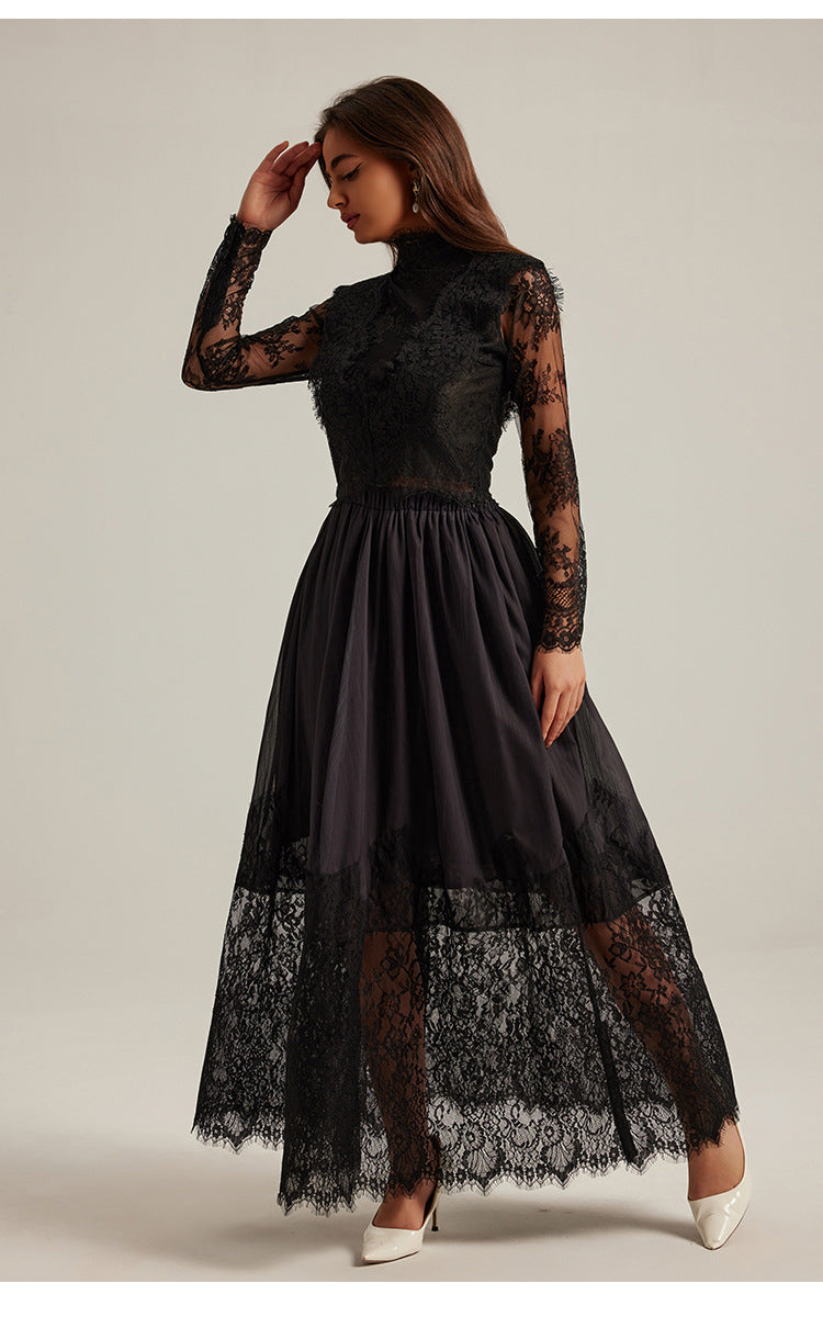 LACE EMBROIDERY MAXI DRESS SET - BLACK FORMAL