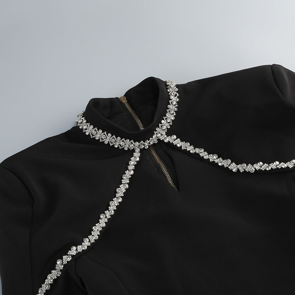 DIAMOND EMBELLISHED TRUMPET SLEEVE MINI DRESS, BLACK