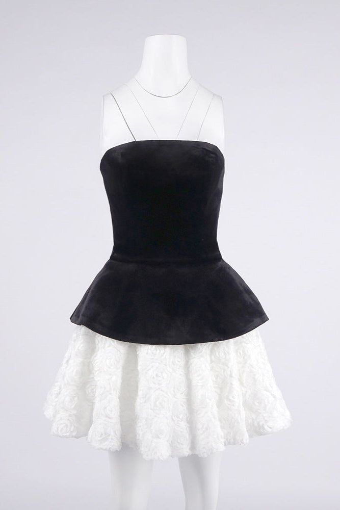 PETAL VELVET TOP & MINI SKIRT SUIT - BLACK/WHITE