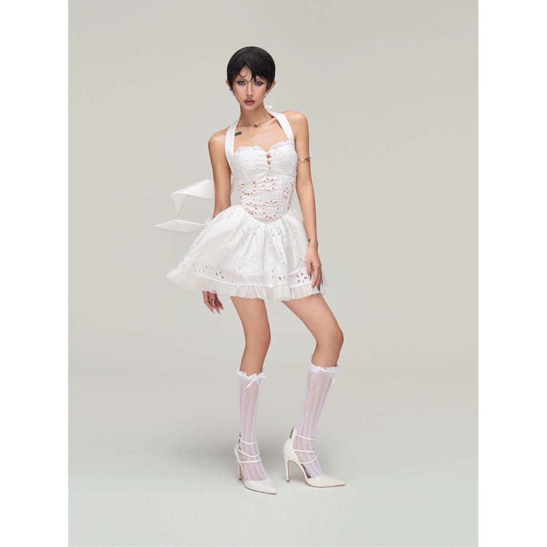 HALTER EMBROIDERED WHITE HOLLOW MINI DRESS