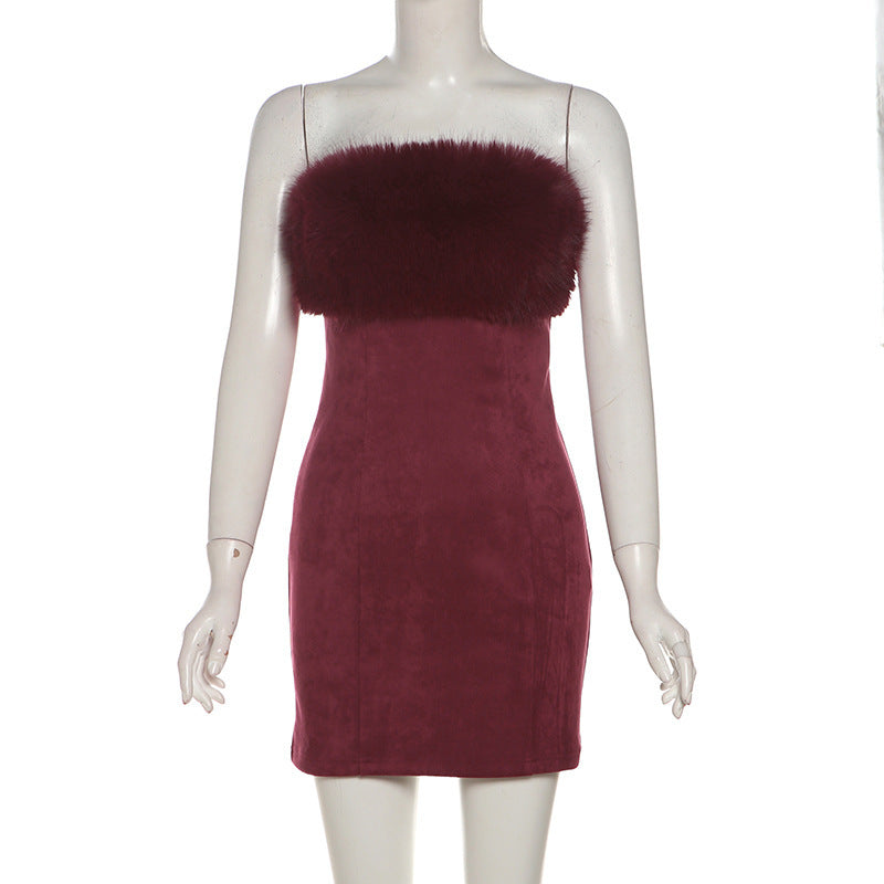 BURGUNDY FUR TRIM BANDAGE MINI DRESS, PARTY NIGHT