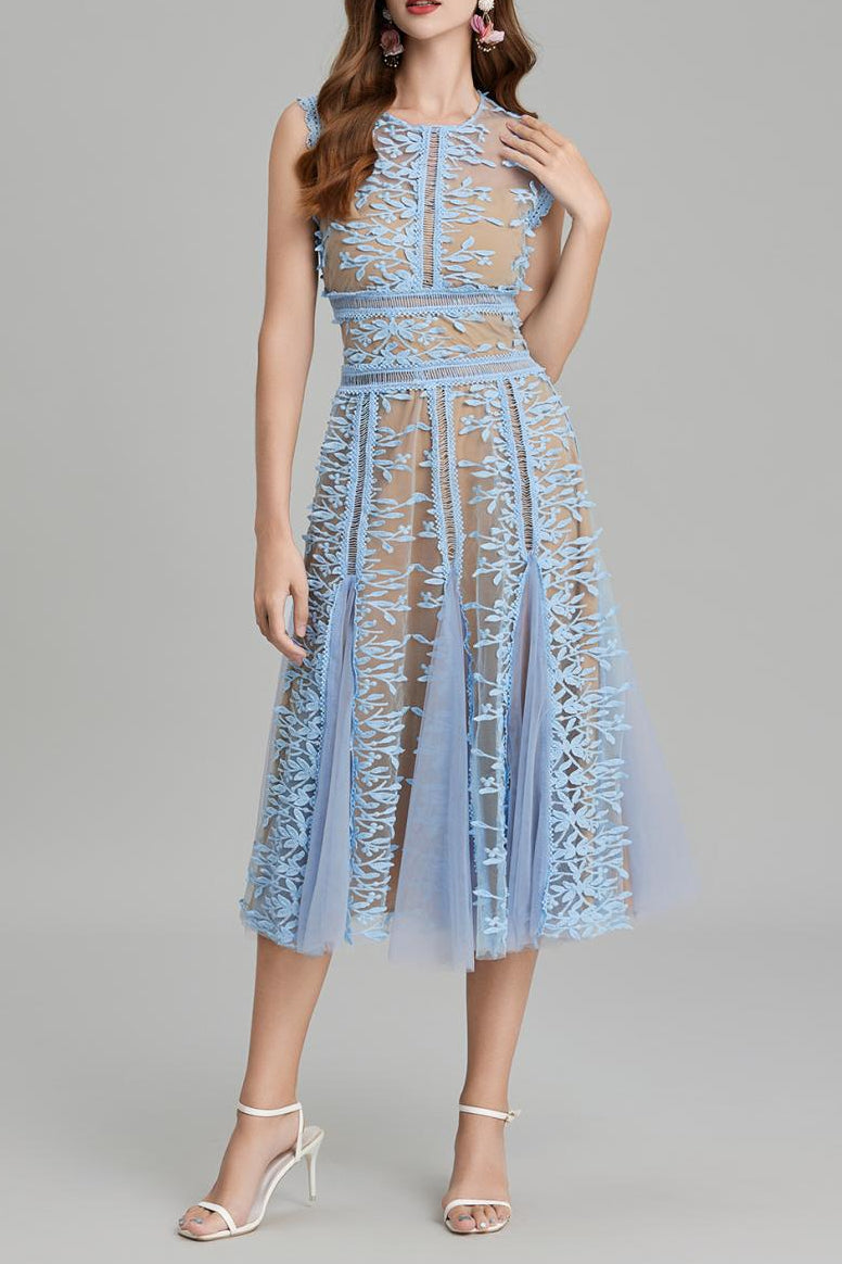 PHOENIX BLUE 3D LACE MIDI DRESS FOR EVENING