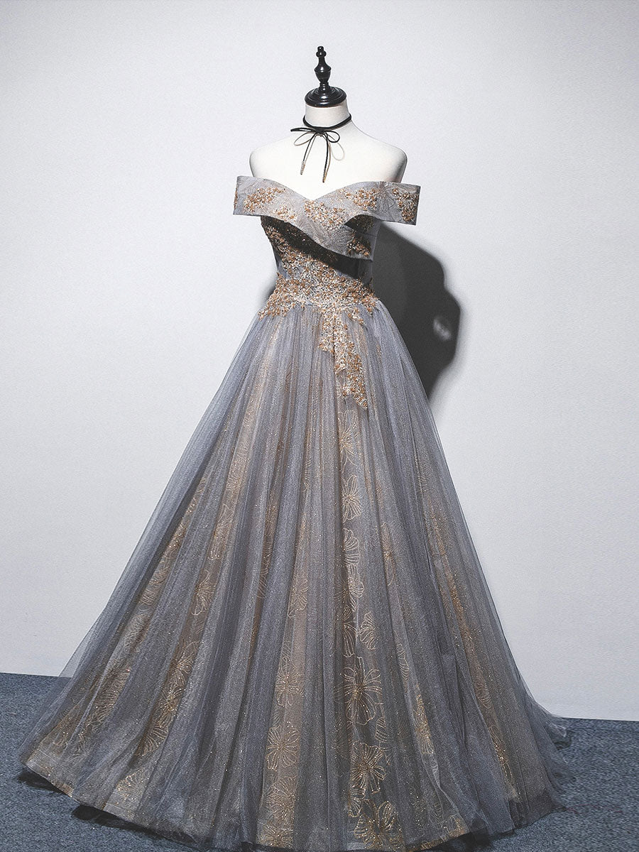 GRAY BLUE OFF-SHOULDER TULLE LACE PARTY DRESS