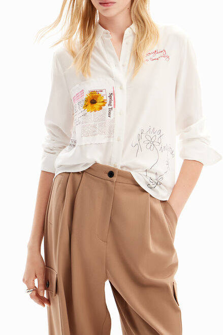 WHITE SUNFLOWER PRINT LONG SLEEVE BUTTON-DOWN SHIRT