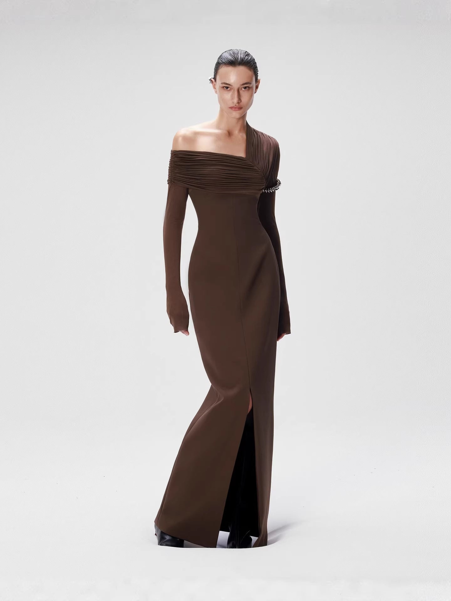 MAUD ONE-SHOULDER PLEATED MAXI DRESS BROWN