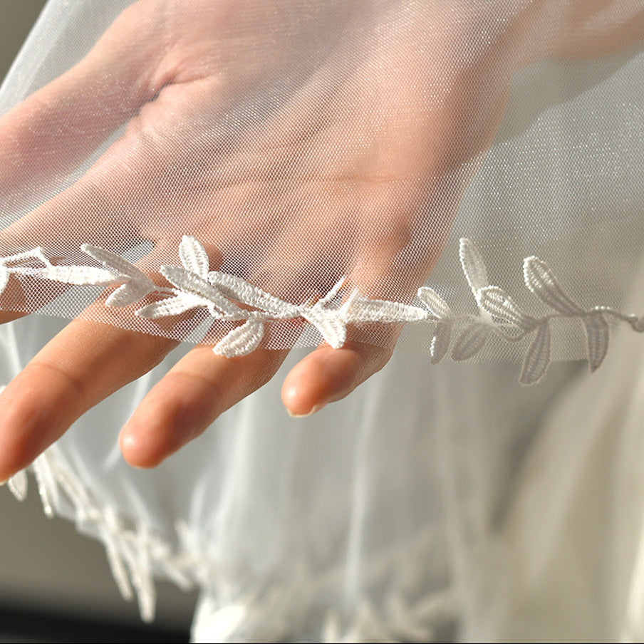 WHITE LEAF EMBROIDERY TULLE WEDDING CAPE SHRUG