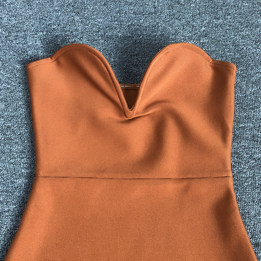 OSTRICH FEATHER V-NECK BANDAGE DRESS BROWN